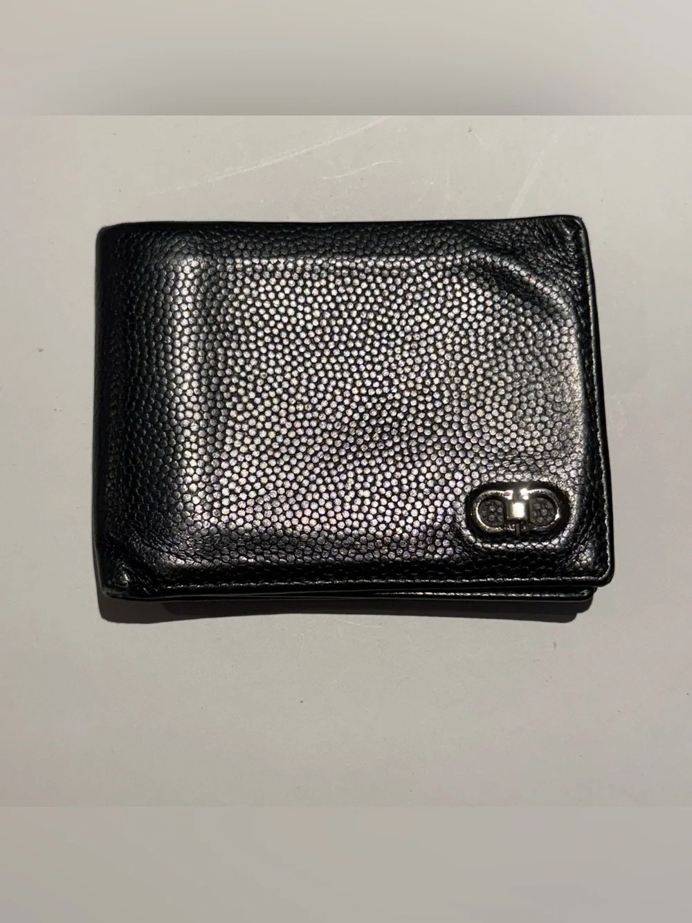 Salvatore Ferragamo Black Pebbled Leather Bi-Fold Wallet with Silver Hardware